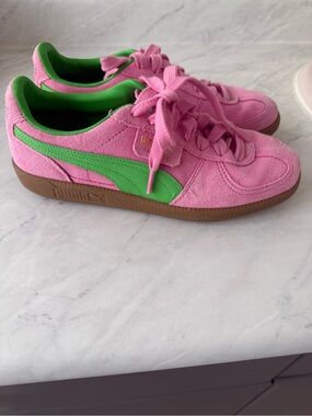 Puma Pink Suede Sneakers with Green Formstripe